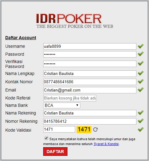 formulir pendaftaran di situs Idrpoker